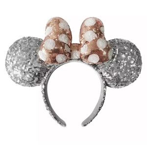 Disney Parks Minnie Mouse Silver Sequined Ear Headband with Rose Gold Bow